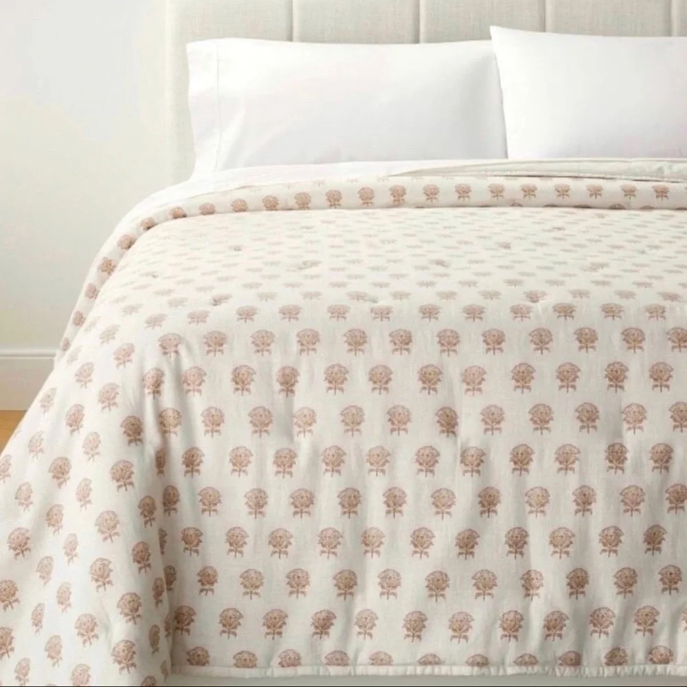 Full/Queen Lofty Cotton Slub Woodblock Print Floral Quilt Threshold Studio McGee